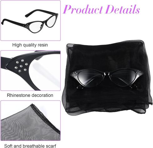 إكسسوارات الخمسينيات للنساء في الخمسينيات من القرن العشرين وشاح رقبة شيفون عتيق من حجر الراين نظارات عين القطة للزي للحفلات التنكرية، وإكسسوارات الهبي، وأزياء الهالوين (أسود) in Kuwait