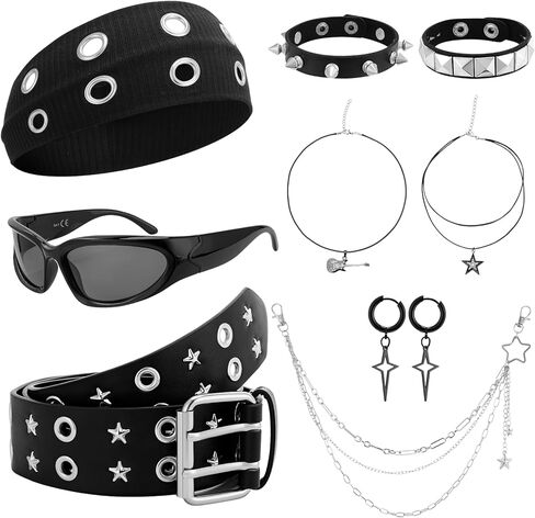 JATEBI 8 Pcs Gothic Punk Rock Accessories for Women, Y2K Accessories Set Black Studded Belt Bracelets Grommet Headband Punk Star Pants Chain Necklaces Earrings Sunglasses for Women in Kuwait