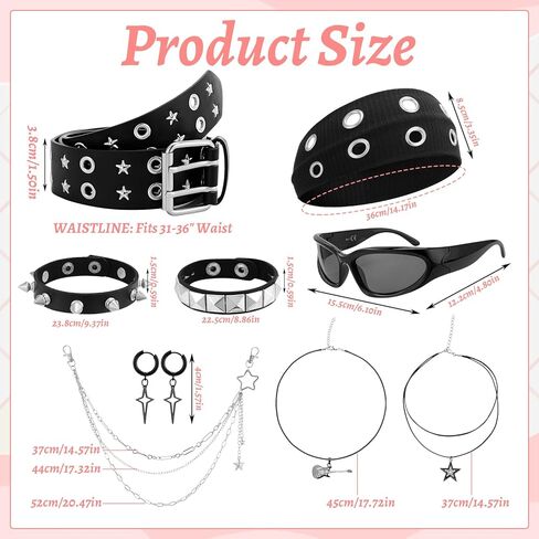 JATEBI 8 Pcs Gothic Punk Rock Accessories for Women, Y2K Accessories Set Black Studded Belt Bracelets Grommet Headband Punk Star Pants Chain Necklaces Earrings Sunglasses for Women in Kuwait