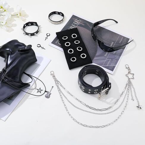 JATEBI 8 Pcs Gothic Punk Rock Accessories for Women, Y2K Accessories Set Black Studded Belt Bracelets Grommet Headband Punk Star Pants Chain Necklaces Earrings Sunglasses for Women in Kuwait