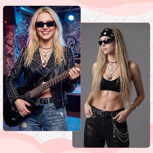 JATEBI 8 Pcs Gothic Punk Rock Accessories for Women, Y2K Accessories Set Black Studded Belt Bracelets Grommet Headband Punk Star Pants Chain Necklaces Earrings Sunglasses for Women in Kuwait
