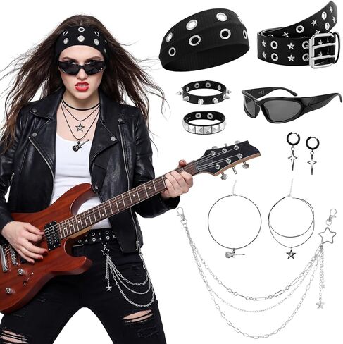 JATEBI 8 Pcs Gothic Punk Rock Accessories for Women, Y2K Accessories Set Black Studded Belt Bracelets Grommet Headband Punk Star Pants Chain Necklaces Earrings Sunglasses for Women in Kuwait