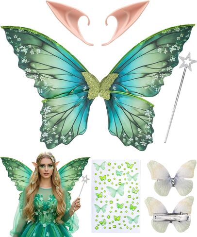 Fairy Wings Set Adult - 6 Pcs Elf Ears Butterfly Wings Butterfly Makeup Temporary Tattoos Hair Clips Star Wand in Kuwait