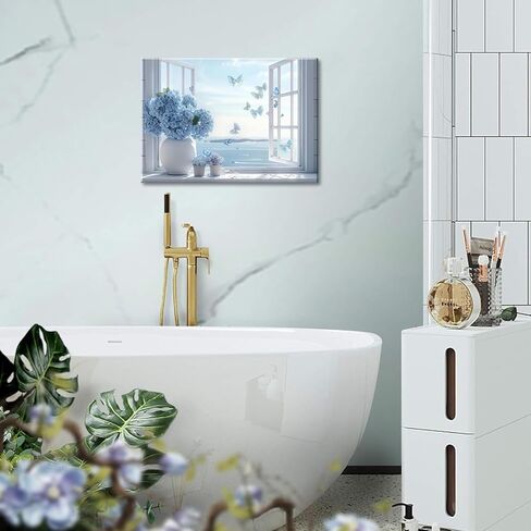 زهرة الساحلية الحمام قماش جدار الفن الأزرق الكوبية الزهور زهرية فراشة نافذة جدار ديكور صورة المناظر البحرية الشاطئ الجمالية ملصق طباعة لغرفة المعيشة غرفة نوم الحمام ديكور المنزل 12x16in in Kuwait