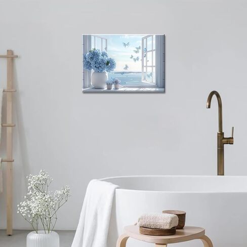 زهرة الساحلية الحمام قماش جدار الفن الأزرق الكوبية الزهور زهرية فراشة نافذة جدار ديكور صورة المناظر البحرية الشاطئ الجمالية ملصق طباعة لغرفة المعيشة غرفة نوم الحمام ديكور المنزل 12x16in in Kuwait