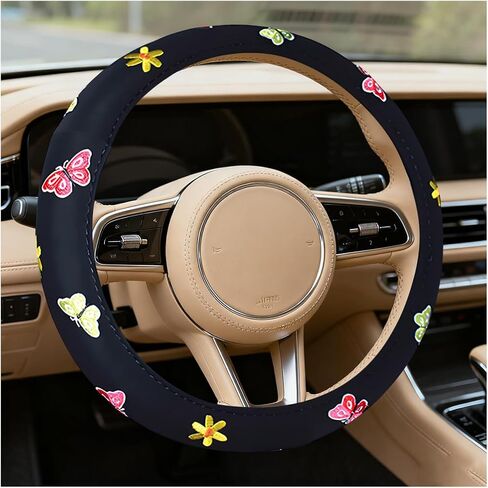 HZEL Butterfly Car Steering Wheel Covers, Beautiful Embroidery Non-Slip Vehicle Steering Wheel Protector with Inner Ring, Automotive Interior Protective Accessories, Universal Fit in Kuwait