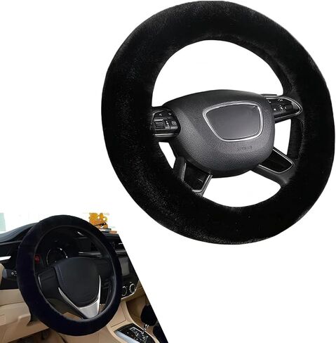 14-15 Inch Fuzzy Fluffy Steering Wheel Cover, Winter Warm Soft Non-Slip Car Steering Wheel Protection Decoration, Universal for Most Cars (Black) in Kuwait