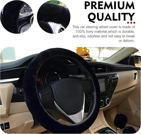 14-15 Inch Fuzzy Fluffy Steering Wheel Cover, Winter Warm Soft Non-Slip Car Steering Wheel Protection Decoration, Universal for Most Cars (Black) in Kuwait