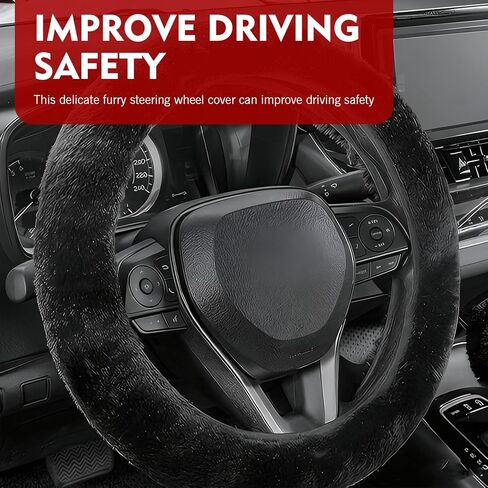 14-15 Inch Fuzzy Fluffy Steering Wheel Cover, Winter Warm Soft Non-Slip Car Steering Wheel Protection Decoration, Universal for Most Cars (Black) in Kuwait