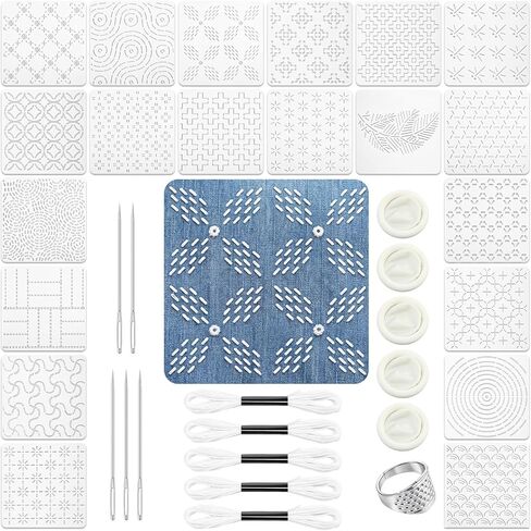 Yousoontic 24 Pcs 4.7 x 4.7 Inch Plastic Sashiko Stencil Kit with Sashiko Thimble and Needles Thread Geometric Sashiko Pattern Template Drawing Line Embroidery Pattern for Hand Quilting and Embroidery in Saudi Arabia