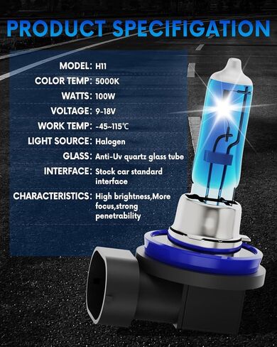 H11/H8/H9 Halogen Headlight/Fog Light 12V 100W White 5000K High/Low Beam Super Bright, 2 pack in Kuwait