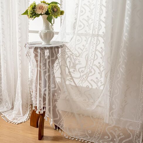 White Sheer Curtains 84 Inch - Boho Lace Floral Pattern Victorian Panels for Bedroom & Living Room, Light Filtering Privacy Rod Pocket, Elegant See-Through Window Drapes (2 Panels W52 xL84) in Kuwait