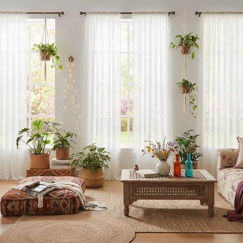 White Sheer Curtains 84 Inch - Boho Lace Floral Pattern Victorian Panels for Bedroom & Living Room, Light Filtering Privacy Rod Pocket, Elegant See-Through Window Drapes (2 Panels W52 xL84) in Kuwait