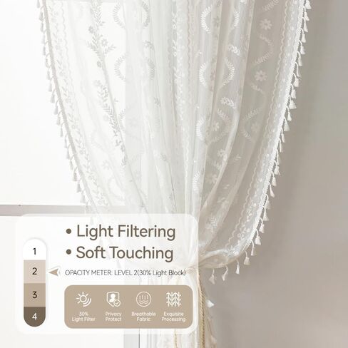 White Sheer Curtains 84 Inch - Boho Lace Floral Pattern Victorian Panels for Bedroom & Living Room, Light Filtering Privacy Rod Pocket, Elegant See-Through Window Drapes (2 Panels W52 xL84) in Kuwait