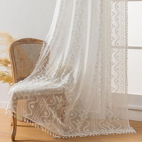 White Sheer Curtains 84 Inch - Boho Lace Floral Pattern Victorian Panels for Bedroom & Living Room, Light Filtering Privacy Rod Pocket, Elegant See-Through Window Drapes (2 Panels W52 xL84) in Kuwait