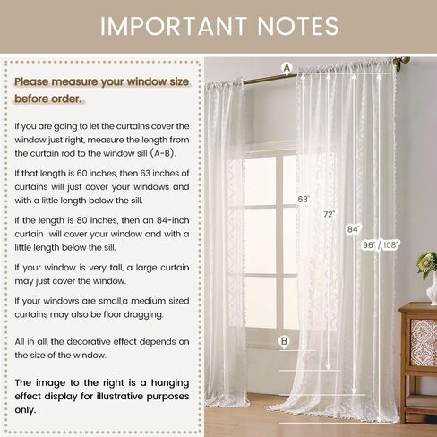 White Sheer Curtains 84 Inch - Boho Lace Floral Pattern Victorian Panels for Bedroom & Living Room, Light Filtering Privacy Rod Pocket, Elegant See-Through Window Drapes (2 Panels W52 xL84) in Kuwait