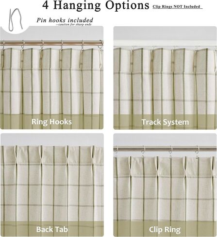 Central Park Sage Green Plaid Pinch Pleated Semi Sheer Curtain 95 Inch Linen Blended Checkered Window Treatment Drape for Modern Living Room Bedroom with Back Tabs Hooks, 40" Wx95 L, 2 Panels in Kuwait