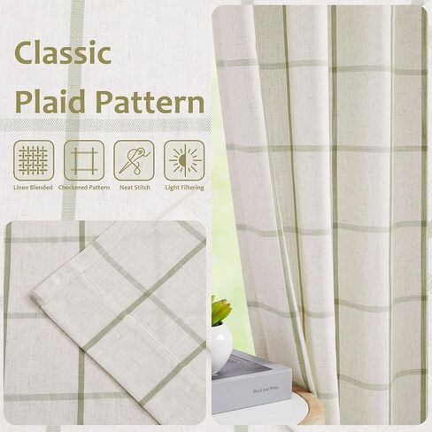 Central Park Sage Green Plaid Pinch Pleated Semi Sheer Curtain 95 Inch Linen Blended Checkered Window Treatment Drape for Modern Living Room Bedroom with Back Tabs Hooks, 40" Wx95 L, 2 Panels in Kuwait