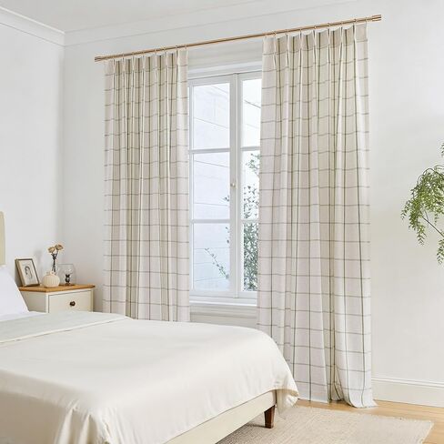 Central Park Sage Green Plaid Pinch Pleated Semi Sheer Curtain 95 Inch Linen Blended Checkered Window Treatment Drape for Modern Living Room Bedroom with Back Tabs Hooks, 40" Wx95 L, 2 Panels in Kuwait