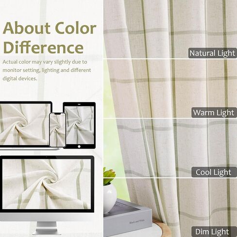 Central Park Sage Green Plaid Pinch Pleated Semi Sheer Curtain 95 Inch Linen Blended Checkered Window Treatment Drape for Modern Living Room Bedroom with Back Tabs Hooks, 40" Wx95 L, 2 Panels in Kuwait