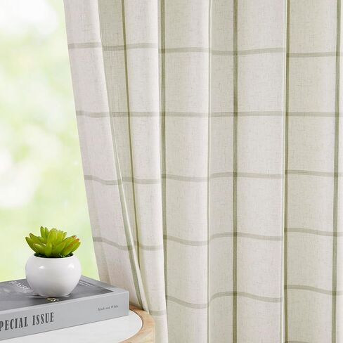 Central Park Sage Green Plaid Pinch Pleated Semi Sheer Curtain 95 Inch Linen Blended Checkered Window Treatment Drape for Modern Living Room Bedroom with Back Tabs Hooks, 40" Wx95 L, 2 Panels in Kuwait