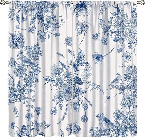 Blue Floral Bird Curtains, Boho Vintage Navy White Flowers Bird Chinoiserie Aesthetic Drapes for Kitchen Living Room Bedroom Office Window Treatment 2 Panel Sets, 42x45 Inch in Saudi Arabia