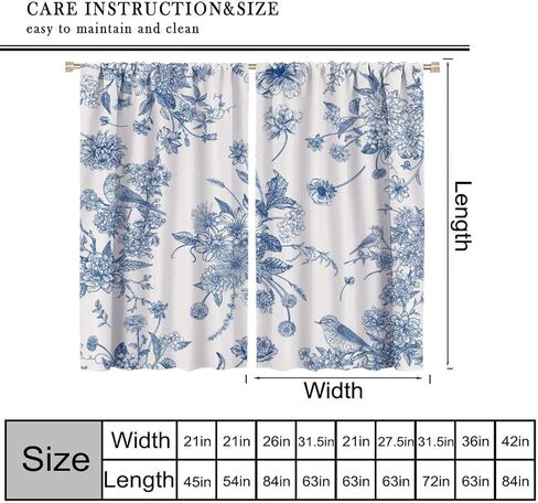 Blue Floral Bird Curtains, Boho Vintage Navy White Flowers Bird Chinoiserie Aesthetic Drapes for Kitchen Living Room Bedroom Office Window Treatment 2 Panel Sets, 42x45 Inch in Saudi Arabia