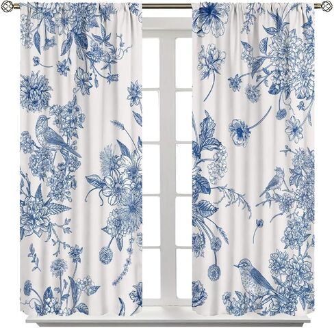 Blue Floral Bird Curtains, Boho Vintage Navy White Flowers Bird Chinoiserie Aesthetic Drapes for Kitchen Living Room Bedroom Office Window Treatment 2 Panel Sets, 42x45 Inch in Saudi Arabia