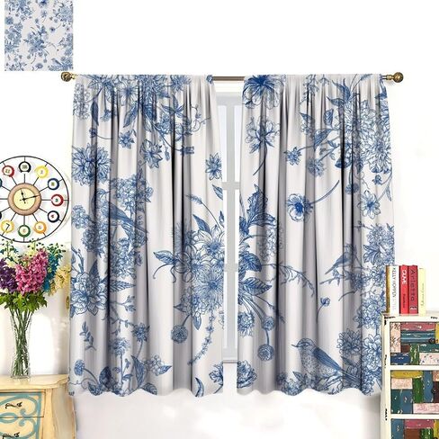 Blue Floral Bird Curtains, Boho Vintage Navy White Flowers Bird Chinoiserie Aesthetic Drapes for Kitchen Living Room Bedroom Office Window Treatment 2 Panel Sets, 42x45 Inch in Saudi Arabia