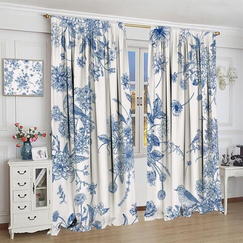 Blue Floral Bird Curtains, Boho Vintage Navy White Flowers Bird Chinoiserie Aesthetic Drapes for Kitchen Living Room Bedroom Office Window Treatment 2 Panel Sets, 42x45 Inch in Saudi Arabia