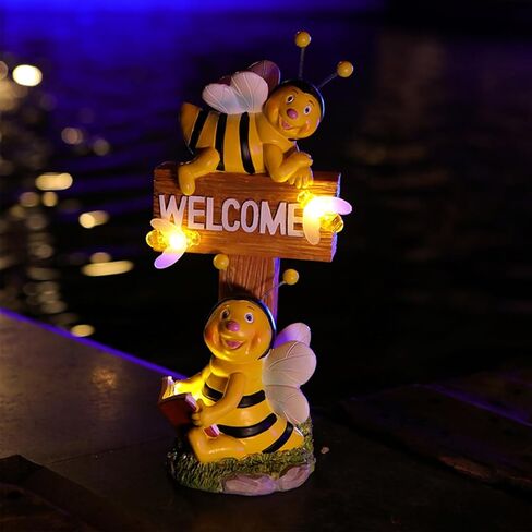 AVEKI Solar Garden Bee Statues Outdoor Decor Welcome Board Porch Decorations with Solar Light Waterproof Garden Decor for Yard Art Lawn Patio Balcony Women Garden Gifts for Mom Grandma in Saudi Arabia