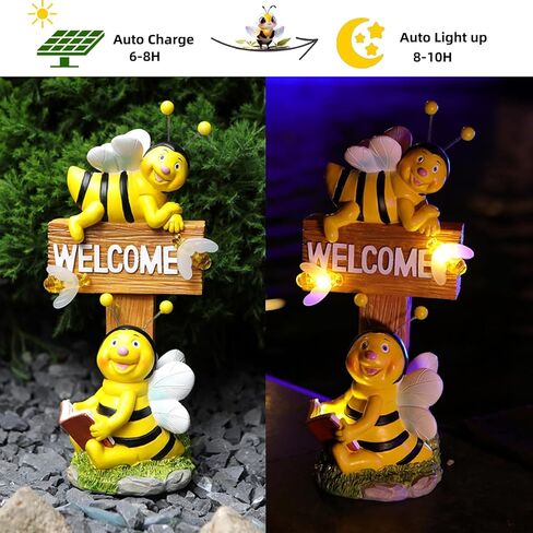 AVEKI Solar Garden Bee Statues Outdoor Decor Welcome Board Porch Decorations with Solar Light Waterproof Garden Decor for Yard Art Lawn Patio Balcony Women Garden Gifts for Mom Grandma in Saudi Arabia