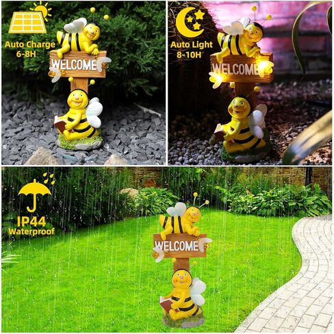 AVEKI Solar Garden Bee Statues Outdoor Decor Welcome Board Porch Decorations with Solar Light Waterproof Garden Decor for Yard Art Lawn Patio Balcony Women Garden Gifts for Mom Grandma in Saudi Arabia
