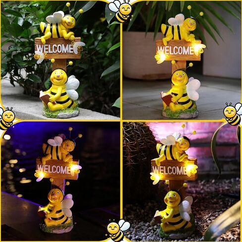 AVEKI Solar Garden Bee Statues Outdoor Decor Welcome Board Porch Decorations with Solar Light Waterproof Garden Decor for Yard Art Lawn Patio Balcony Women Garden Gifts for Mom Grandma in Saudi Arabia