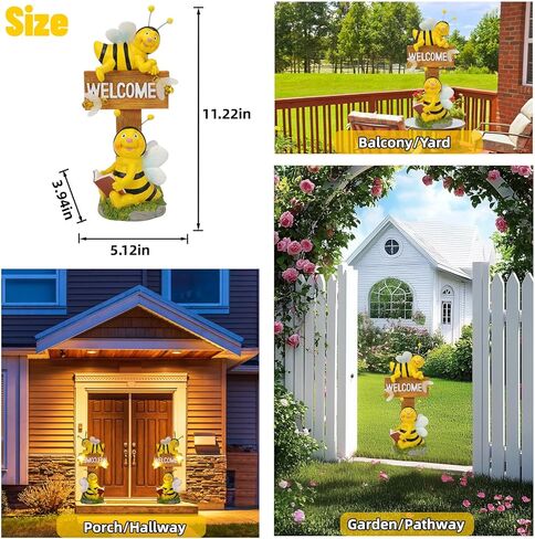 AVEKI Solar Garden Bee Statues Outdoor Decor Welcome Board Porch Decorations with Solar Light Waterproof Garden Decor for Yard Art Lawn Patio Balcony Women Garden Gifts for Mom Grandma in Saudi Arabia
