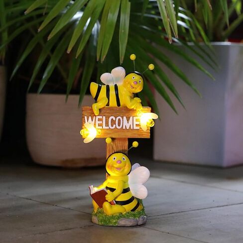 AVEKI Solar Garden Bee Statues Outdoor Decor Welcome Board Porch Decorations with Solar Light Waterproof Garden Decor for Yard Art Lawn Patio Balcony Women Garden Gifts for Mom Grandma in Saudi Arabia