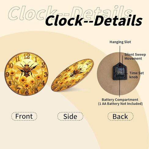 Honey Bee Sunflower Wall Clock - 10 Inch Silent Non-Ticking Decorative Clock for Living Room Kitchen Bedroom in Saudi Arabia