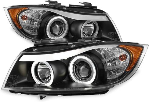 AKKON - لسيارة BMW E90 3-Series 06-08 ذات 4 أبواب سيدان بإطار أسود من نوع الهالوجين [LED Halo] مصابيح أمامية لجهاز العرض بغطاء للعين الدائرية in Kuwait