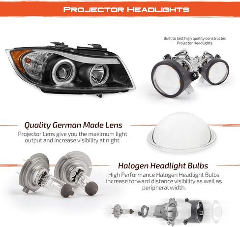 AKKON - لسيارة BMW E90 3-Series 06-08 ذات 4 أبواب سيدان بإطار أسود من نوع الهالوجين [LED Halo] مصابيح أمامية لجهاز العرض بغطاء للعين الدائرية in Kuwait