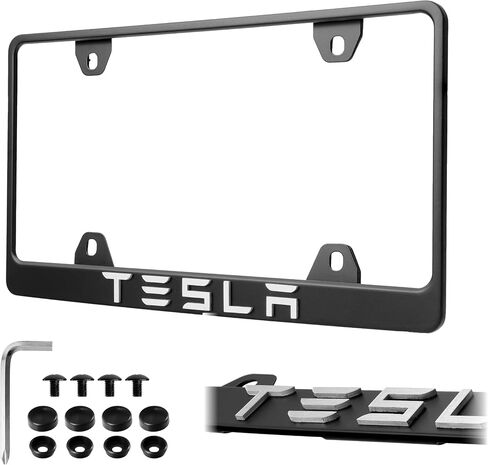 TESLA License Plate Frame – Stealth Black Powder Coat UV Resistant Rust-Proof Steel Plate Holder - 1pc – Compatible Model S 3 X Y & CyberTruck (3D SILVER ALLOY RAISED LETTER with MOUNTING HARDWARE) in Saudi Arabia