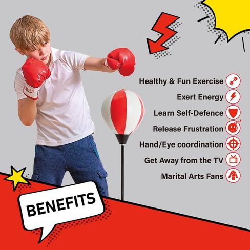Whoobli Punching Bag for Kids Incl Boxing Gloves | 3-10 Years Old Adjustable Kids Punching Bag with Stand | Boxing Bag Set Toy for Boys & Girls (Red White); New 2025 in Saudi Arabia