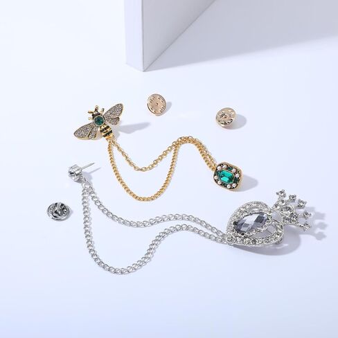 خمر كريستال النحل بروش دبوس، طية صدر السترة دبوس طويل الشرابة سلسلة حجر الراين أنيقة الحشرات دبوس الصدر مجوهرات الإكسسوار هدية للنساء الرجال in Kuwait