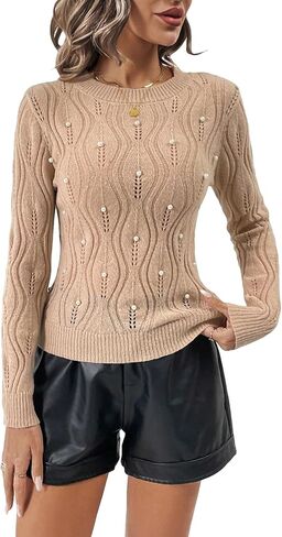 Floerns Women's Pearl Beaded Sweater Crewneck Long Sleeve Hollow Out Knitted Pullovers in Saudi Arabia