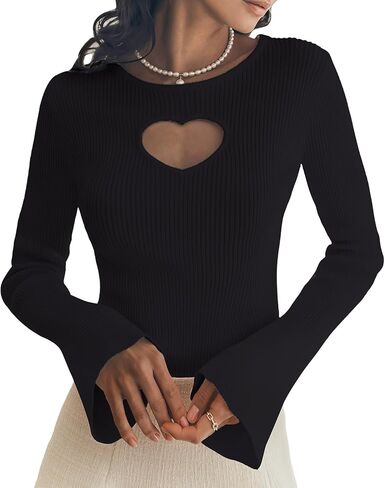 Women's Heart-Cutout Sweater - Body-Hugging Fit Stretchy Sexy Knit Top with Long Bell Sleeve，Round Neck Pullover in Saudi Arabia