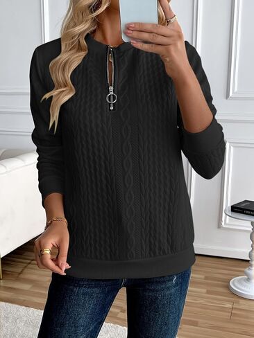 Women's Pullover Sweater Cable Knit with Half-Zip Front Long Sleeves and Textured Pattern for Elegant Style in Saudi Arabia