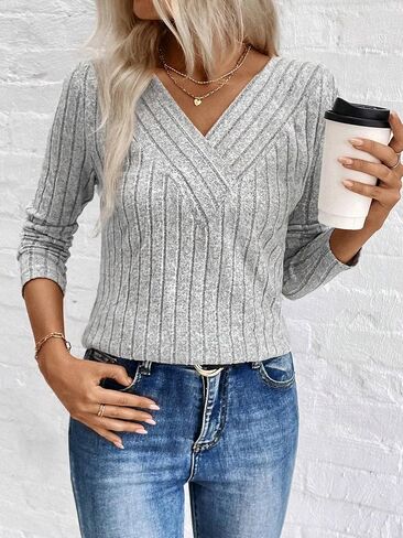 Women's V-Neck Long Sleeve Sweater Soft Casual Knitted Top for Fall Comfortable and Stylish Grey in Saudi Arabia