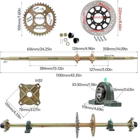 44" Go Kart Axle Kit with 16x8-7 ATV Tires - Complete Rear Axle & Wheel Assembly for UTV, Dune Buggy, Quad Bike & Lawn Mower | Includes 1120mm Heavy Duty Axle & 4PR Tubeless All Terrain Tires in Kuwait