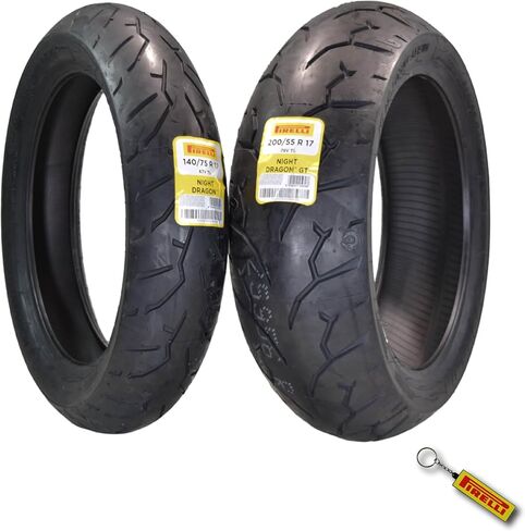 مجموعة إطارات Pirelli Night Dragon: إطارات 130/70R18 M/C 63V TL أمامية و180/55B18 M/C 80H REINFTL Rear Cruiser للدراجات النارية - قوة جر فائقة ومعالجة للطرادات عالية الأداء مع سلسلة مفاتيح in Saudi Arabia