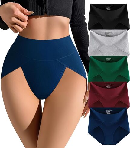 ملابس داخلية نسائية عالية القطع من MISSWHO، ملابس داخلية نسائية عالية الخصر من القطن بدون علامة تغطية كاملة، 5 سراويل داخلية (عادية، مقاس كبير) in Kuwait