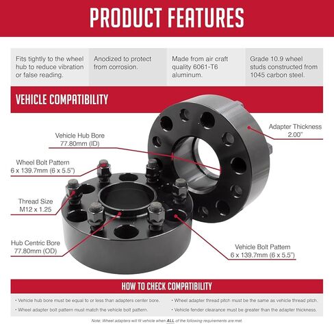 Wheel Accessories Parts 4 Pcs Hub Centric Wheel Spacers 6x5.5 6x139.7mm 2.00 Inch Thick 77.8mm Hub M12 1.25 12x1.25 Thread Stud Fits Nissan Titan (Non XD) ｜ Nissan Armada ｜ Infinit QX56 ｜ in Saudi Arabia